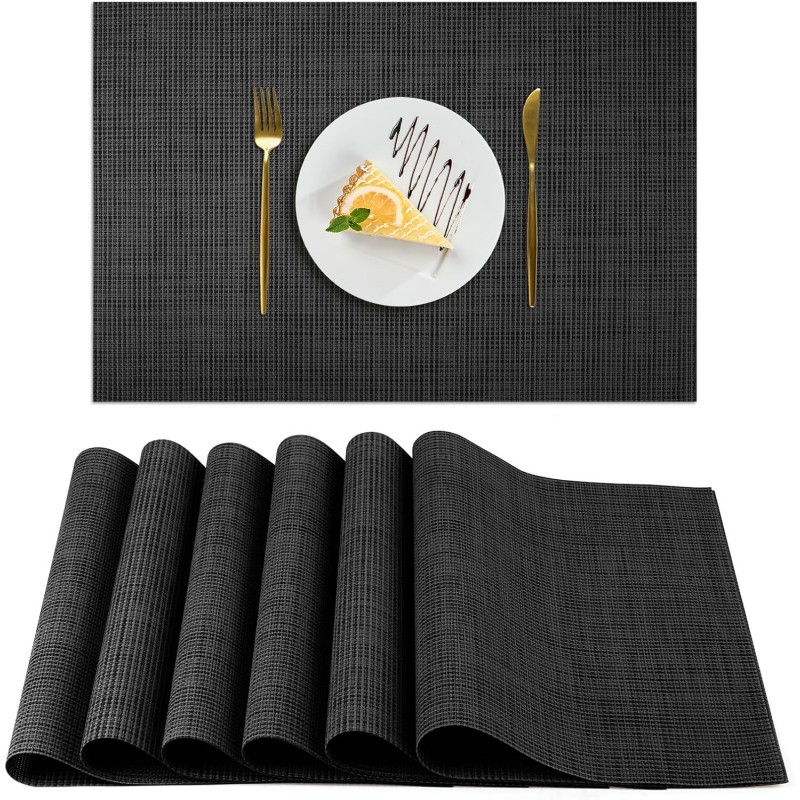 AUAUY Placemats Set of 6 Washable, Non-Slip Heat Resistant Table Mats, PVC Vinyl Woven Table Placemats Wipeable for Kitchen Dinning Restaurant, Farmhouse (Black, 6pcs)
