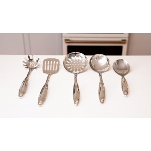 Stainless Steel Cooking Utensils Set, 5-Piece 304 Metal Kitchen Utensil Set (Spatula, Ladle, Slotted Turner, Spaghetti Server, Skimmer) – One-Piece Heavy Duty, Rustproof, Dishwasher Safe