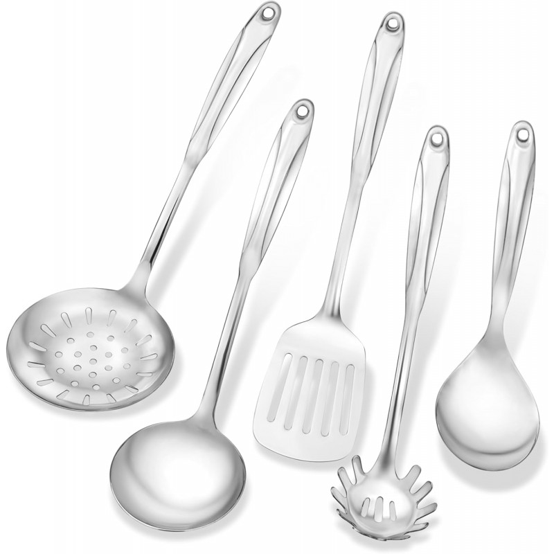 Stainless Steel Cooking Utensils Set, 5-Piece 304 Metal Kitchen Utensil Set (Spatula, Ladle, Slotted Turner, Spaghetti Server, Skimmer) – One-Piece Heavy Duty, Rustproof, Dishwasher Safe