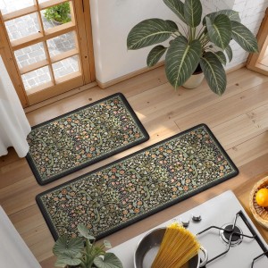 Collive Kitchen Mats for Floor 2PCS, Cushioned Anti Fatigue Mat Non Slip Waterproof Kitchens Sink Rug, Vintage Spring Floral Rugs Comfort Standing Mat for Laundry, Desk, Bar, Office, Black