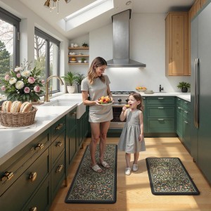 Collive Kitchen Mats for Floor 2PCS, Cushioned Anti Fatigue Mat Non Slip Waterproof Kitchens Sink Rug, Vintage Spring Floral Rugs Comfort Standing Mat for Laundry, Desk, Bar, Office, Black