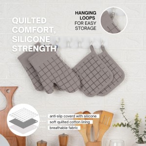 Oven Mitts and Pot Holders Set for Kitchen | 4 Pc Set| Heat Resistant Up to 500°F | Non-Slip Silicone Strips | Grey Kitchen Accessories | Includes 2 Hot Pads & 2 Cooking Mitts