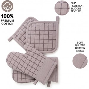 Oven Mitts and Pot Holders Set for Kitchen | 4 Pc Set| Heat Resistant Up to 500°F | Non-Slip Silicone Strips | Grey Kitchen Accessories | Includes 2 Hot Pads & 2 Cooking Mitts