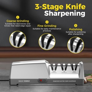 Electric Knife Sharpener for Kitchen - 3-Stage with 100% Diamond Abrasives & 15° Precision Angle Guide - Fast Repair & Polish, Profesional with Magnetic Dust Box