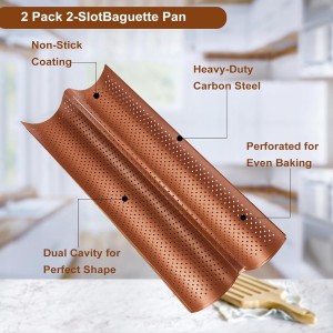 Baguette Pan Set of 2 with Proofing Cloth, Nonstick 2-Slot French Bread Baking Pan for Homemade Baguette, Carbon Steel Vintage Bronze Tray, Bakeware for Artisan Homemade Bread