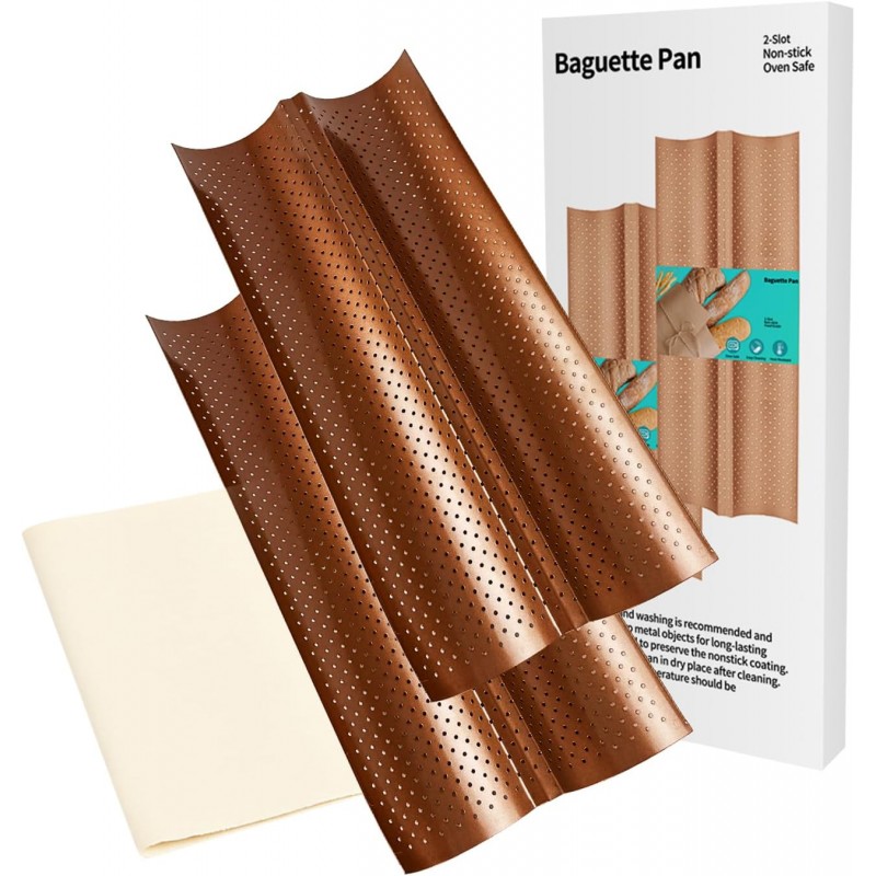 Baguette Pan Set of 2 with Proofing Cloth, Nonstick 2-Slot French Bread Baking Pan for Homemade Baguette, Carbon Steel Vintage Bronze Tray, Bakeware for Artisan Homemade Bread