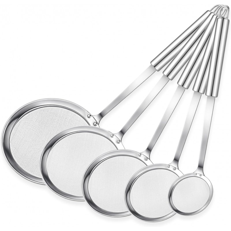 5 Pack Fine Mesh Skimmer Spoon Slotted Spoon Stainless Steel Hot Pot Fat Strainer Metal Food Strainer for Separation of the Floating Foam, Fat, Grease, Kitchen Cooking Mesh Food Strainers