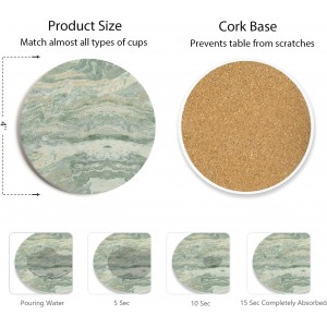 Set of 6 Sage Green Abstract Onyx Marble Coasters with Holder, Absorbent Ceramic Coasters for Drinks, Coasters with Cork Backing for Table Protection, Coffee Table Decor