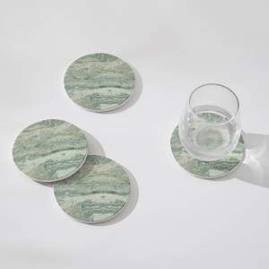 Set of 6 Sage Green Abstract Onyx Marble Coasters with Holder, Absorbent Ceramic Coasters for Drinks, Coasters with Cork Backing for Table Protection, Coffee Table Decor
