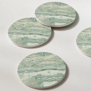 Set of 6 Sage Green Abstract Onyx Marble Coasters with Holder, Absorbent Ceramic Coasters for Drinks, Coasters with Cork Backing for Table Protection, Coffee Table Decor