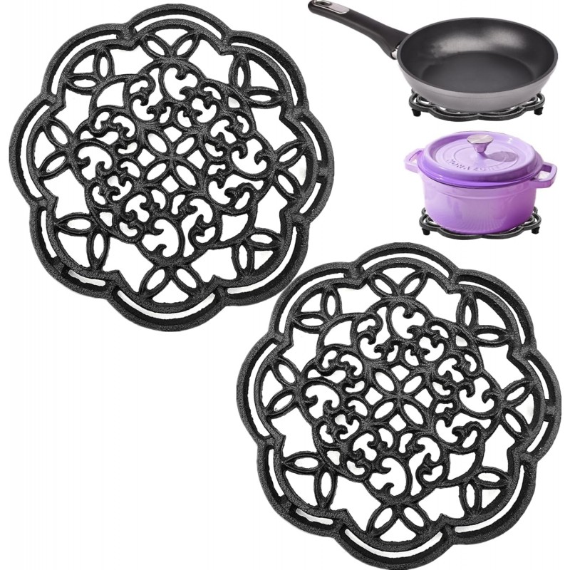 2 Pack Cast Iron Trivet Set, Round Heat Resistant Hot Pads for Kitchen, 7.5 Inch Black Hot Pot Holder, Heavy Duty Decorative Dish Trivets for Countertop, Table