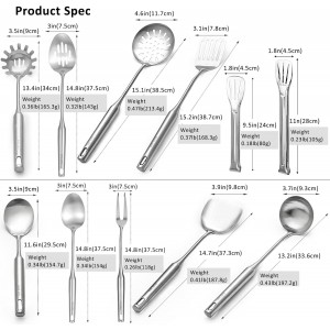 304 18/10 Stainless Steel Kitchen Utensils Set 11 Pcs Long Metal Cooking Utensil, Spatula, Soup spoon, Leaking shovel, Ladle, Tunner, Pasta Server, Meat Fork, Tongs Kitchen Tools Set, Dishwasher Safe
