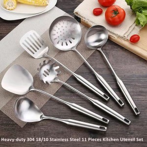 304 18/10 Stainless Steel Kitchen Utensils Set 11 Pcs Long Metal Cooking Utensil, Spatula, Soup spoon, Leaking shovel, Ladle, Tunner, Pasta Server, Meat Fork, Tongs Kitchen Tools Set, Dishwasher Safe