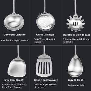304 18/10 Stainless Steel Kitchen Utensils Set 11 Pcs Long Metal Cooking Utensil, Spatula, Soup spoon, Leaking shovel, Ladle, Tunner, Pasta Server, Meat Fork, Tongs Kitchen Tools Set, Dishwasher Safe