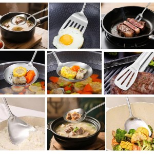 304 18/10 Stainless Steel Kitchen Utensils Set 11 Pcs Long Metal Cooking Utensil, Spatula, Soup spoon, Leaking shovel, Ladle, Tunner, Pasta Server, Meat Fork, Tongs Kitchen Tools Set, Dishwasher Safe