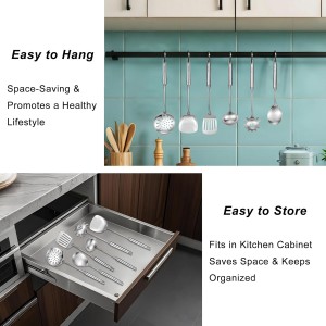 304 18/10 Stainless Steel Kitchen Utensils Set 11 Pcs Long Metal Cooking Utensil, Spatula, Soup spoon, Leaking shovel, Ladle, Tunner, Pasta Server, Meat Fork, Tongs Kitchen Tools Set, Dishwasher Safe