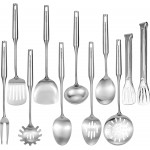 304 18/10 Stainless Steel Kitchen Utensils Set 11 Pcs Long Metal Cooking Utensil, Spatula, Soup spoon, Leaking shovel, Ladle, Tunner, Pasta Server, Meat Fork, Tongs Kitchen Tools Set, Dishwasher Safe