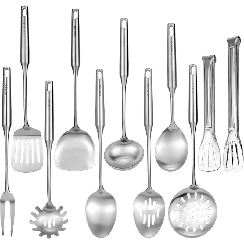 304 18/10 Stainless Steel Kitchen Utensils Set 11 Pcs Long Metal Cooking Utensil, Spatula, Soup spoon, Leaking shovel, Ladle, Tunner, Pasta Server, Meat Fork, Tongs Kitchen Tools Set, Dishwasher Safe