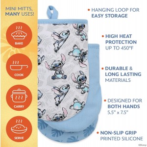 Disney Oven Mitts 2-Pack - 5.5” x 7.5” Heat-Resistant Mini Oven Mitts with Non-Slip Printed Silicone Disney Silhouettes - Pot Holders for Kitchen - Mickey & Minnie, Stitch, Winnie the Pooh