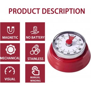 Mechanical Kitchen Timer, Eco-Friendly No Batteries Needed Magnetic 60-Minute Visual Countdown Alarm Clock for Cooking, Study, Games, Office (Red)