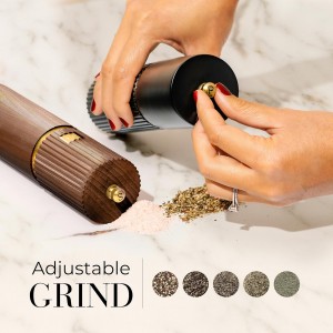 Wooden Salt and Pepper Grinder Set – Refillable Manual Salt and Pepper Mills with Adjustable Ceramic Burrs, Gold Detailing, and Wood Stand – Black and Dark Wood