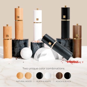 Wooden Salt and Pepper Grinder Set – Refillable Manual Salt and Pepper Mills with Adjustable Ceramic Burrs, Gold Detailing, and Wood Stand – Black and Dark Wood