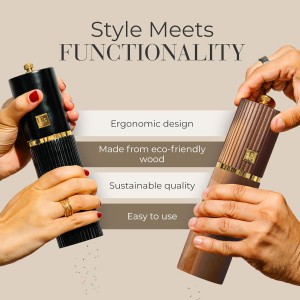 Wooden Salt and Pepper Grinder Set – Refillable Manual Salt and Pepper Mills with Adjustable Ceramic Burrs, Gold Detailing, and Wood Stand – Black and Dark Wood
