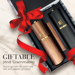 Wooden Salt and Pepper Grinder Set – Refillable Manual Salt and Pepper Mills with Adjustable Ceramic Burrs, Gold Detailing, and Wood Stand – Black and Dark Wood
