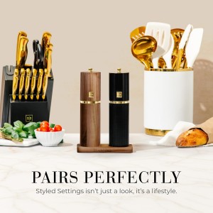 Wooden Salt and Pepper Grinder Set – Refillable Manual Salt and Pepper Mills with Adjustable Ceramic Burrs, Gold Detailing, and Wood Stand – Black and Dark Wood