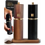 Wooden Salt and Pepper Grinder Set – Refillable Manual Salt and Pepper Mills with Adjustable Ceramic Burrs, Gold Detailing, and Wood Stand – Black and Dark Wood