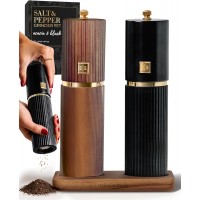 Wooden Salt and Pepper Grinder Set – Refillable Manual Salt and Pepper Mills with Adjustable Ceramic Burrs, Gold Detailing, and Wood Stand – Black and Dark Wood