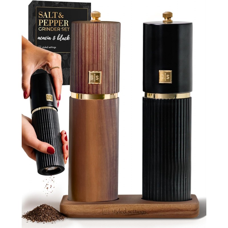 Wooden Salt and Pepper Grinder Set – Refillable Manual Salt and Pepper Mills with Adjustable Ceramic Burrs, Gold Detailing, and Wood Stand – Black and Dark Wood