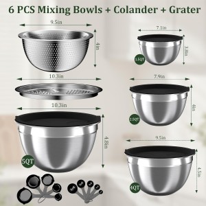 Mixing Bowls with Lids Set, 16PCS Stainless Steel Mixing Bowls,Nesting Storage Bowls for Kitchen with Mixing Bowl, Colander, Strainer & Grater, Metal Salad Bowl for Kitchen Gadgets, Black