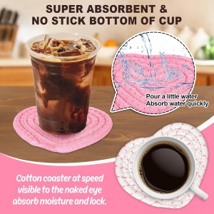 Whaline Valentine's Day Heart Coasters Pink White Love Heart Shape Handmade Braided Cotton Drink Coasters Absorbent Cup Mats for Mother's Day Wedding Birthday Party Decor Housewarming Gifts, 4Pcs