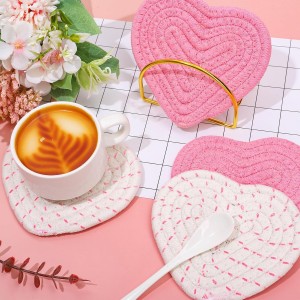 Whaline Valentine's Day Heart Coasters Pink White Love Heart Shape Handmade Braided Cotton Drink Coasters Absorbent Cup Mats for Mother's Day Wedding Birthday Party Decor Housewarming Gifts, 4Pcs