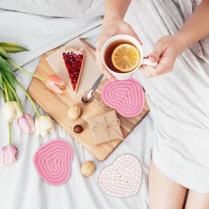 Whaline Valentine's Day Heart Coasters Pink White Love Heart Shape Handmade Braided Cotton Drink Coasters Absorbent Cup Mats for Mother's Day Wedding Birthday Party Decor Housewarming Gifts, 4Pcs