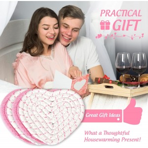 Whaline Valentine's Day Heart Coasters Pink White Love Heart Shape Handmade Braided Cotton Drink Coasters Absorbent Cup Mats for Mother's Day Wedding Birthday Party Decor Housewarming Gifts, 4Pcs