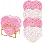 Whaline Valentine's Day Heart Coasters Pink White Love Heart Shape Handmade Braided Cotton Drink Coasters Absorbent Cup Mats for Mother's Day Wedding Birthday Party Decor Housewarming Gifts, 4Pcs