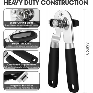 Manual Can Opener, UHIYEE Handheld Can Opener Heavy Duty with High Carbon Sharp Blade, Ease Can Open for Seniors with Comfort Grip Handles, Oversized Turn Knob, Black