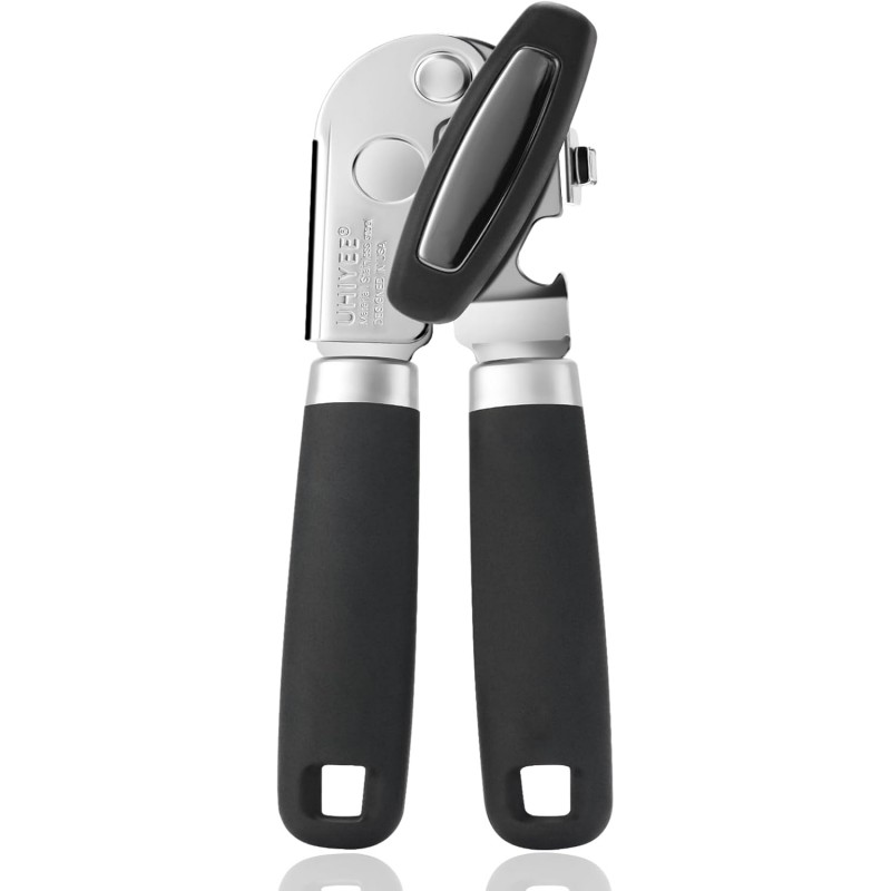 Manual Can Opener, UHIYEE Handheld Can Opener Heavy Duty with High Carbon Sharp Blade, Ease Can Open for Seniors with Comfort Grip Handles, Oversized Turn Knob, Black
