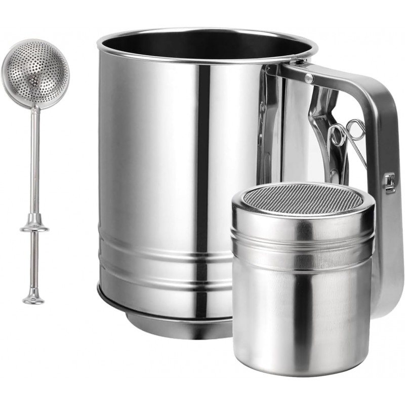 Flour Sifter, 3 in 1 Stainless Steel Sifter for Baking, 3 Cup Double Layer Fine Mesh Sifter, Powdered Sugar Shaker Duster Set for Baking Cakes, Pastries, Pies, Cupcakes and Desserts