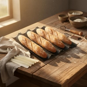 French Baguette Pan Set - 4-Loaf Nonstick Perforated with Proofing Cloth & Lame | Complete Bread Baking Kit
