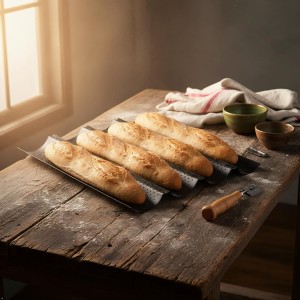 French Baguette Pan Set - 4-Loaf Nonstick Perforated with Proofing Cloth & Lame | Complete Bread Baking Kit