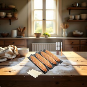 French Baguette Pan Set - 4-Loaf Nonstick Perforated with Proofing Cloth & Lame | Complete Bread Baking Kit