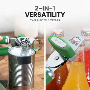 Zulay Kitchen Heavy Duty Stainless Steel Can Opener Manual with Bottle Opener - Rust Proof Manual Can Opener With Turn Knob & Comfy Soft Grip Handles - Artichoke Green