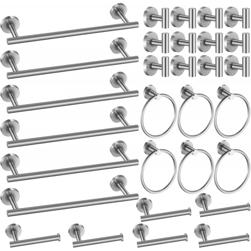 Blulu 30 Pcs Bathroom Hardware Set, Stainless Steel Towel Bar Set Includes 16 Inch Towel Bar, Hook, Ring, Toilet Paper Holder Wall Mounted Bathroom Accessories (Brushed Nickel)
