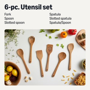 Amazon Basics Wooden Cooking Utensils, 6-Piece Set, Acacia Wood, Pre Oiled, Cookware-Safe