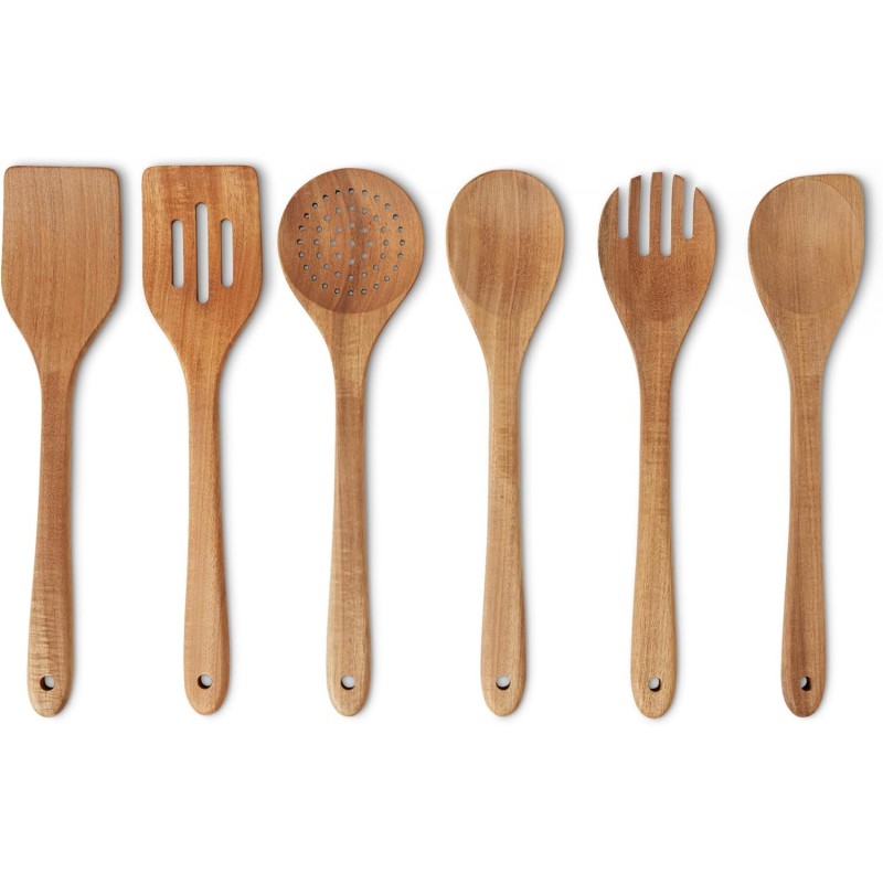 Amazon Basics Wooden Cooking Utensils, 6-Piece Set, Acacia Wood, Pre Oiled, Cookware-Safe