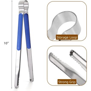 10 Pack Stainless Steel Kitchen Tong, 10 inch Heavy Duty Serving Tong with Heat-Resistant Handle, Grill Clamp Beefsteak Clip in 10 Colors for Cooking, BBQ, Meat, Salad, Ice