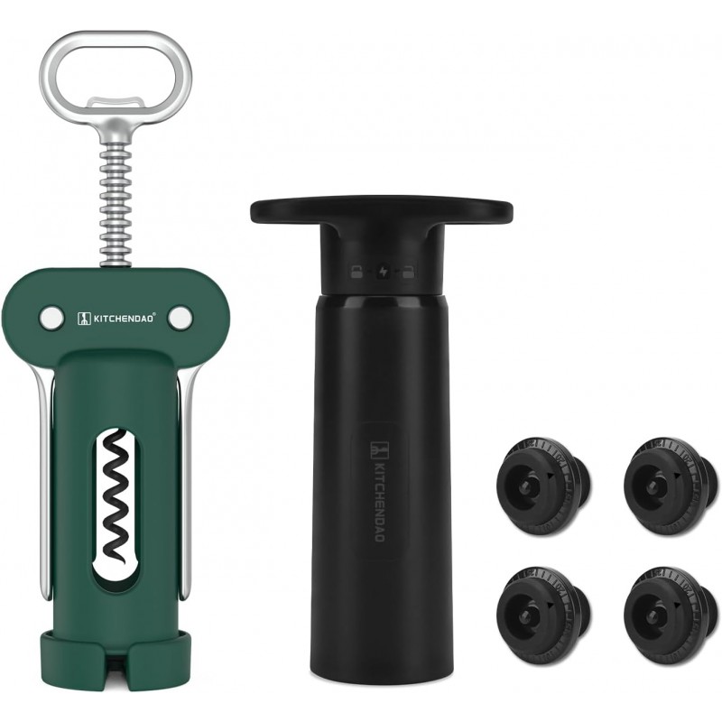 KITCHENDAO 3 in 1 Wing Corkscrew Wine Bottle Opener and Wine Saver Pump with Sound Indicator
